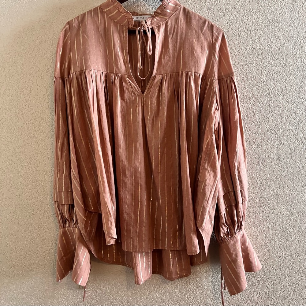 Shona Joy Boho Balloon Sleeve Gold Metallic Blouse Size 8